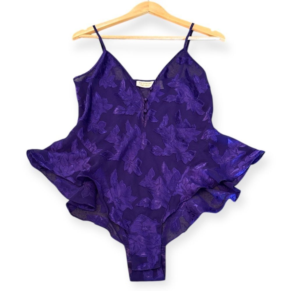VICTORIA'S SECRET Gold Label Vintage 90s Purple Sheer Floral Teddy Bodysuit